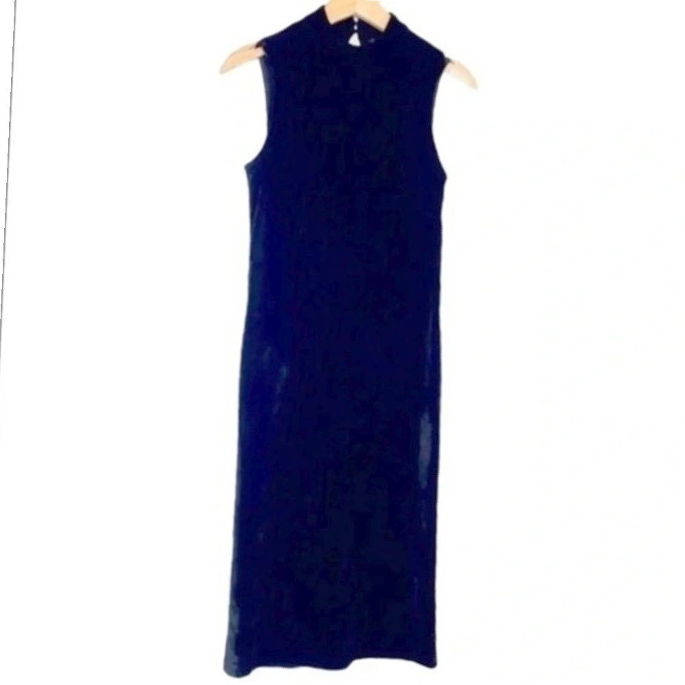 Attention Velvet Midi Dress S Black Mock Neck Sleeveless Keyhole Back Stretch